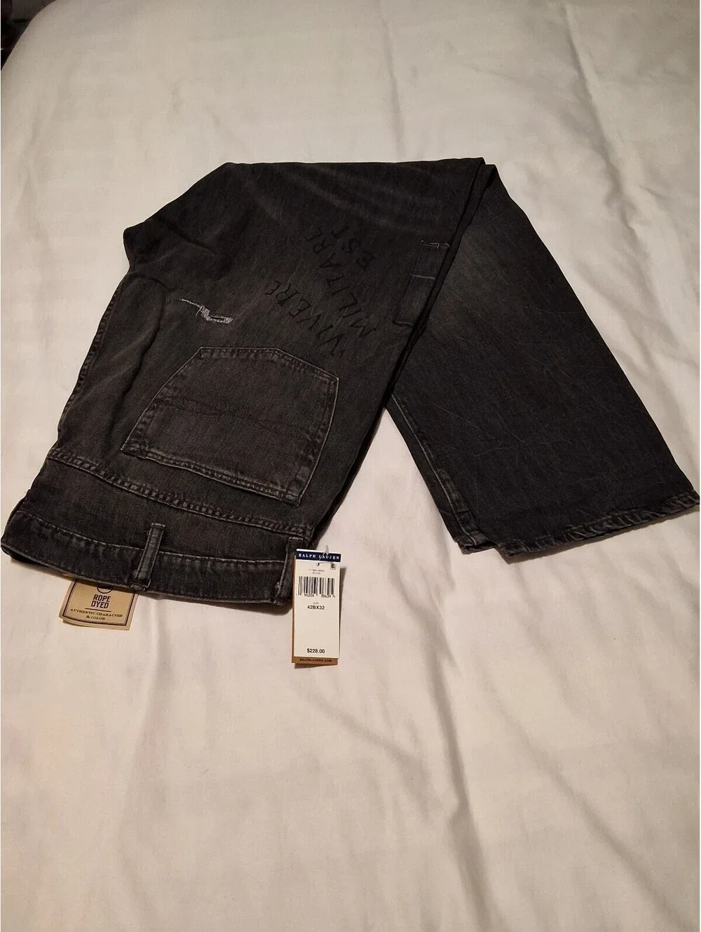 Polo Ralph Lauren Men's Distressed Black Denim Jeans with Patchwork Detail
